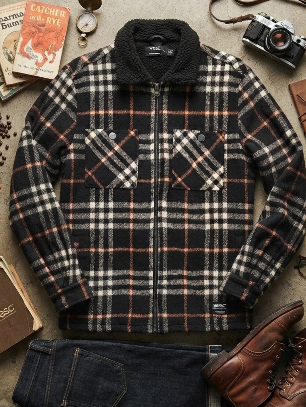 WeSC Black Orange White Plaid Zip Up Jacket